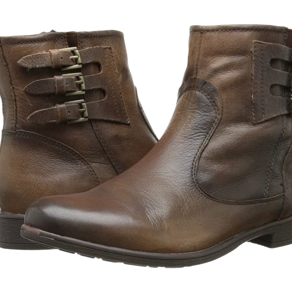 Earth Women's 9 Norway Taupe Ankle Boots Brown Leather Zip Buckles Comfort.